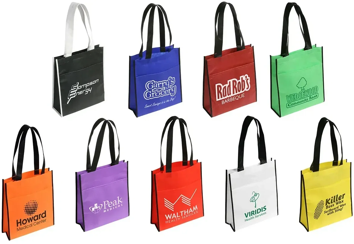 Peak Non-Woven Tote Bag with Pocket, custom reusable shopping bag front view with branded logo