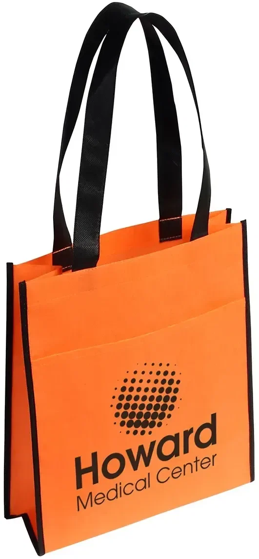 Side view of the branded Peak non-woven tote showing its front pocket and logo space