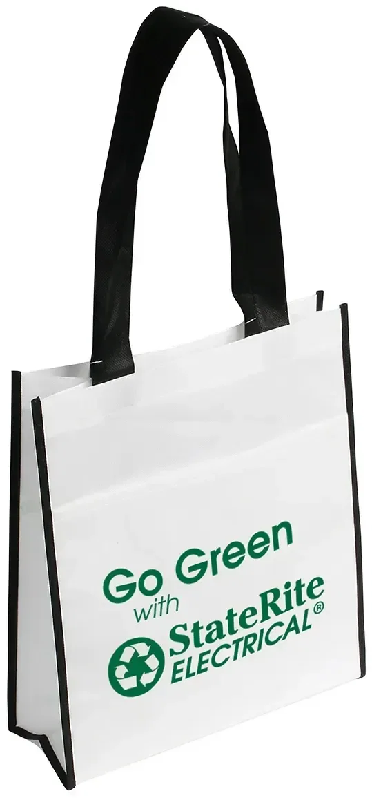 Promotional Peak non-woven tote held by the handles to show scale with a branded logo