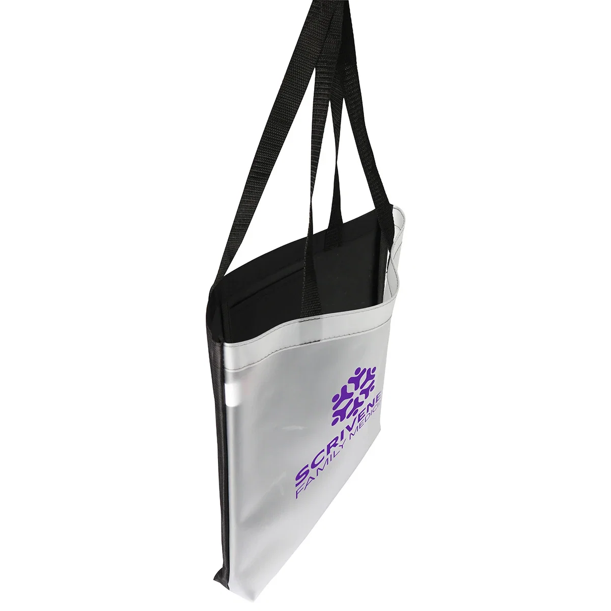 Pearl Soft-Touch Tote Bag carried over the shoulder, branded tote bag lifestyle shot