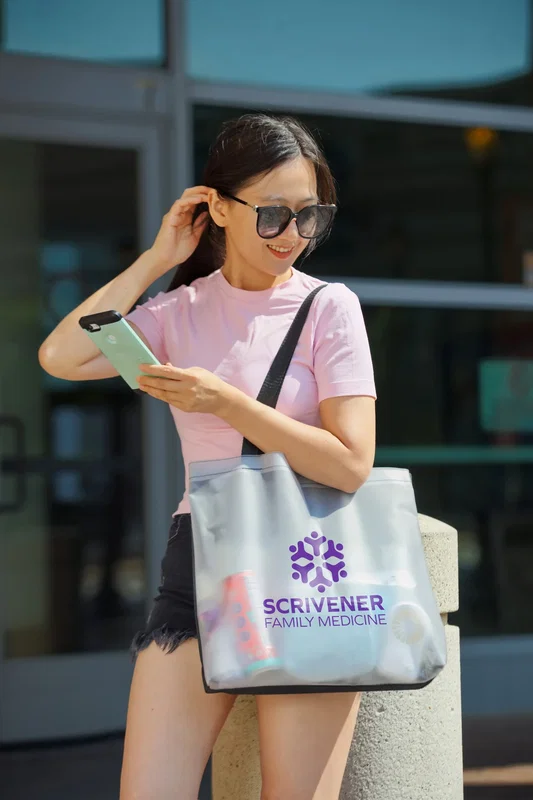 Angled view of the Pearl Soft-Touch Tote Bag showing the soft-touch fabric texture