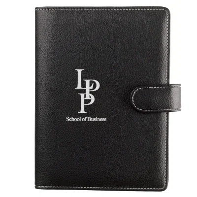 Compact black portfolio with a pebble-grain cover, photographed closed from the front