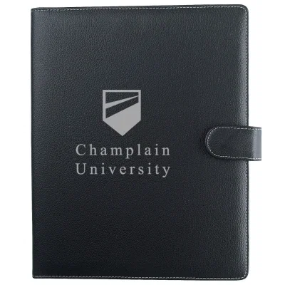 Letter-size pebble-grain portfolio in black, standing upright with the cover forward