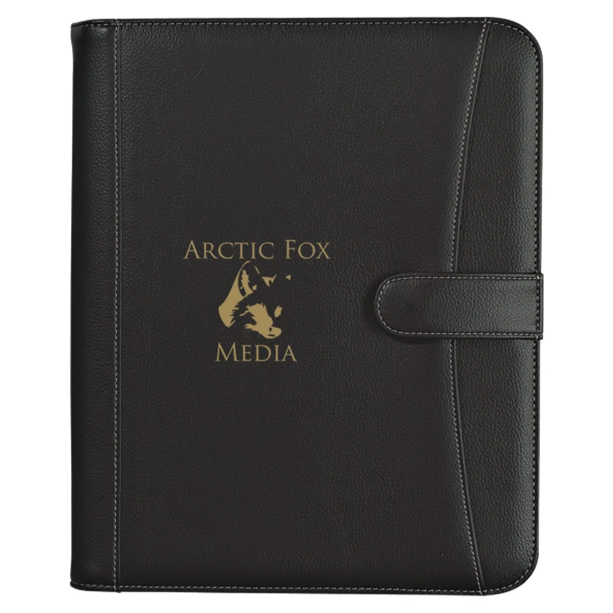 Black pebble grain portfolio zipped shut with a calculator built inside