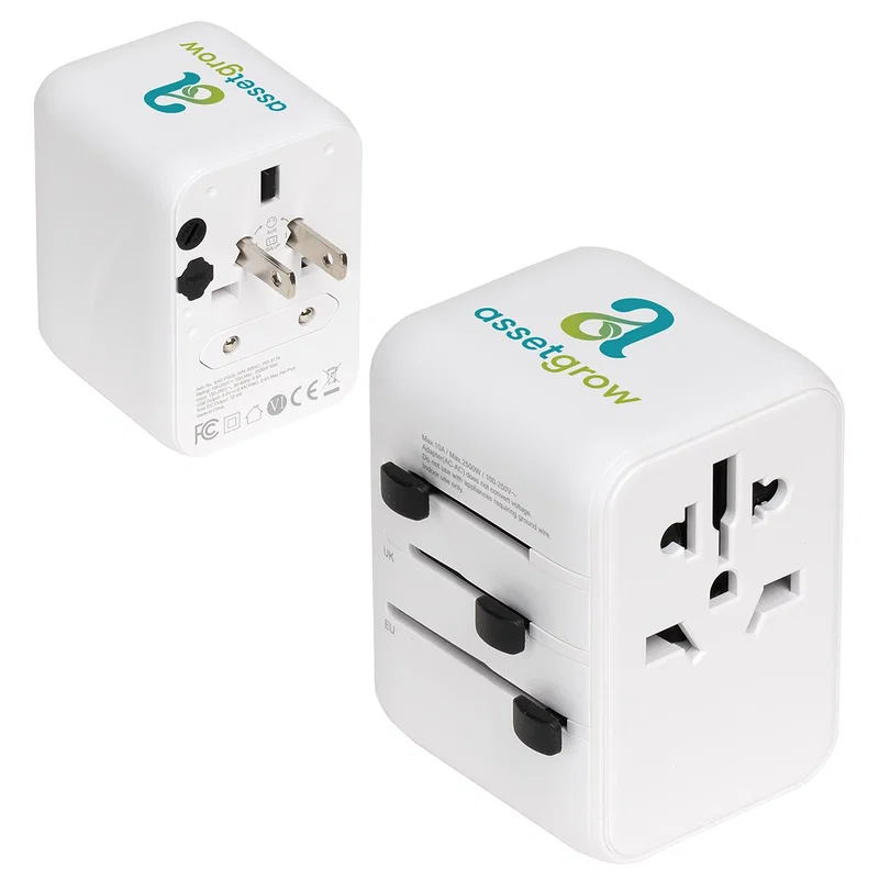 Custom Pegasus Travel Adapter, front view of the branded universal travel adapter