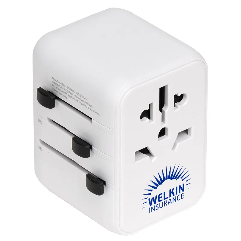 Close-up of the custom Pegasus Travel Adapter's plug prongs and imprint area