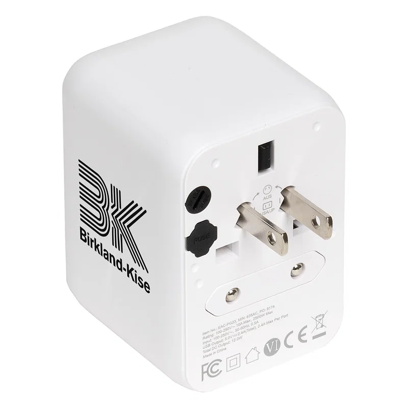 Pegasus Travel Adapter plugged into an outlet, branded travel adapter in-use shot