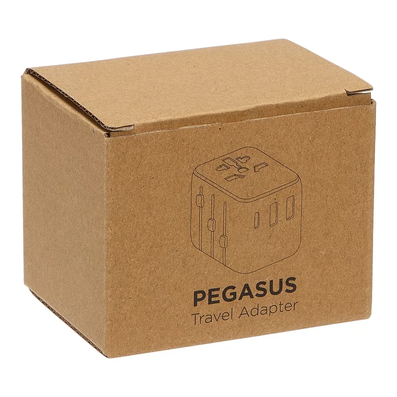 Pegasus Travel Adapter retail packaging, branded travel adapter box shot