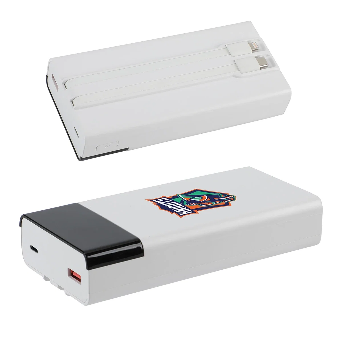 Side profile of the Pemberley Power Bank showing the built-in charging cables