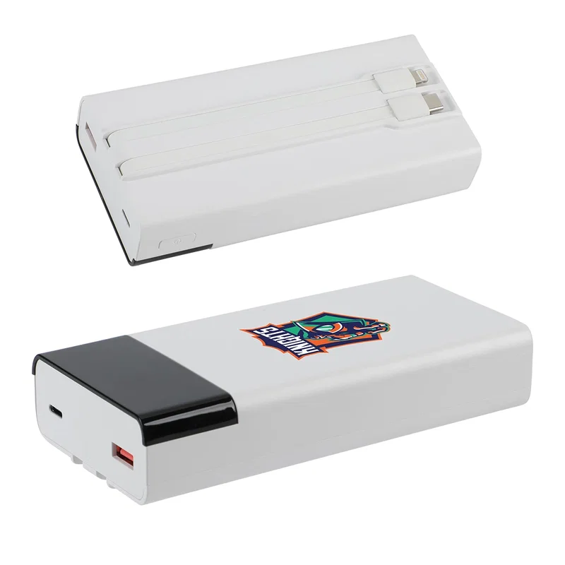 Side profile of the Pemberley Power Bank showing the built-in charging cables