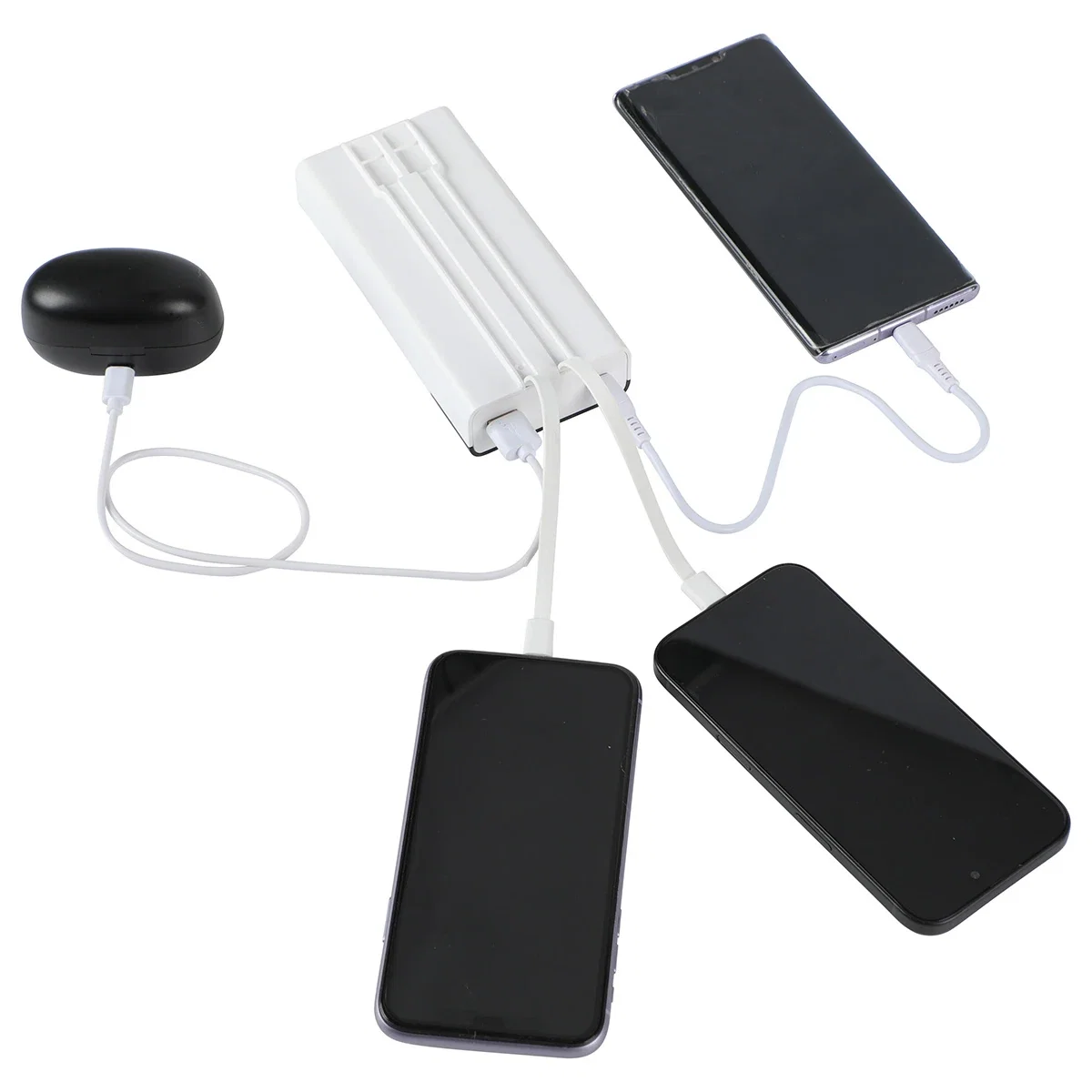 Pemberley Power Bank in use, charging a laptop with the built-in USB-C cable