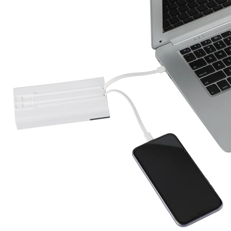 Angled view of the branded Pemberley 20000mAh Power Bank