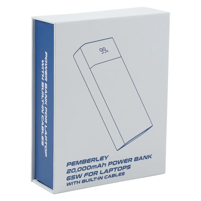 Retail packaging for the Pemberley 65W Power Bank for Laptops