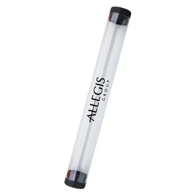 Light blue cap sealing the top of the transparent tube