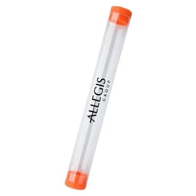 Orange capped tube standing upright on a plain surface