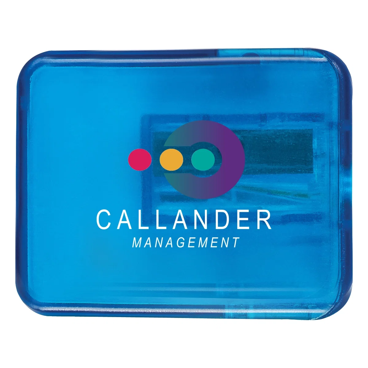 Translucent blue pencil sharpener just over an inch wide