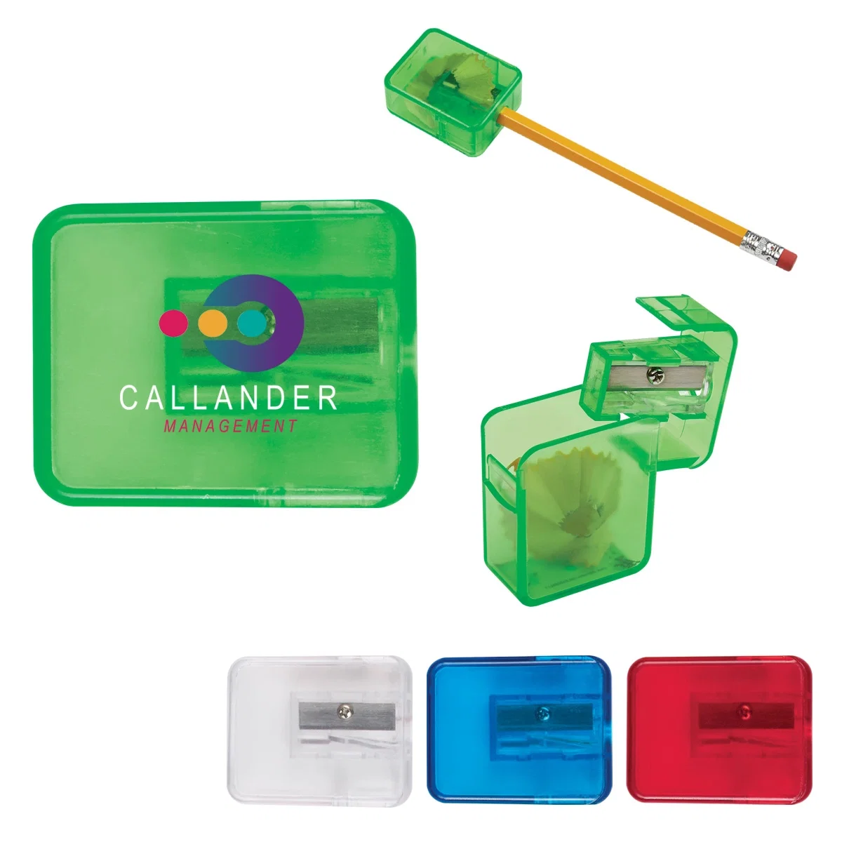Logo pencil sharpener in tinted blue plastic