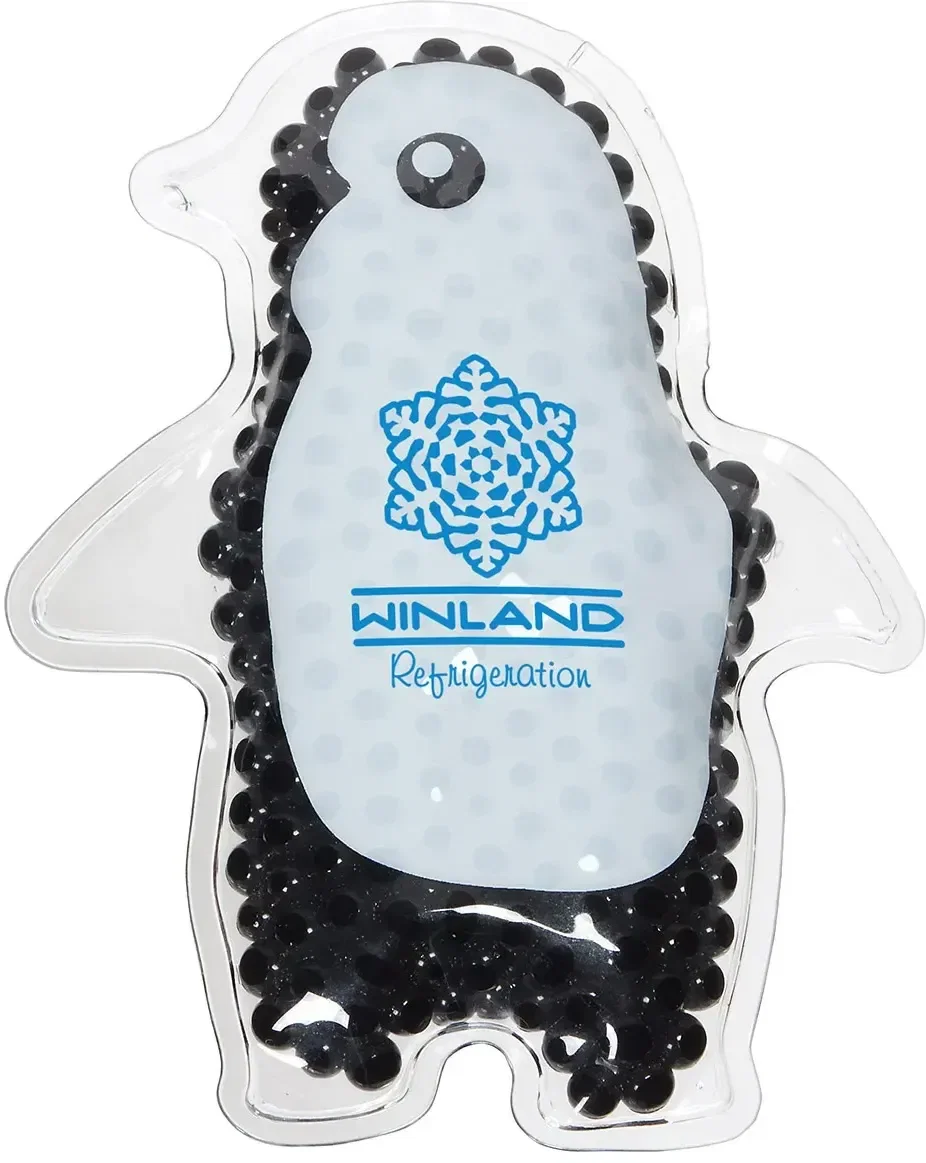 Penguin Aqua Pearls custom hot/cold pack, branded penguin-shaped therapy pack for clinics