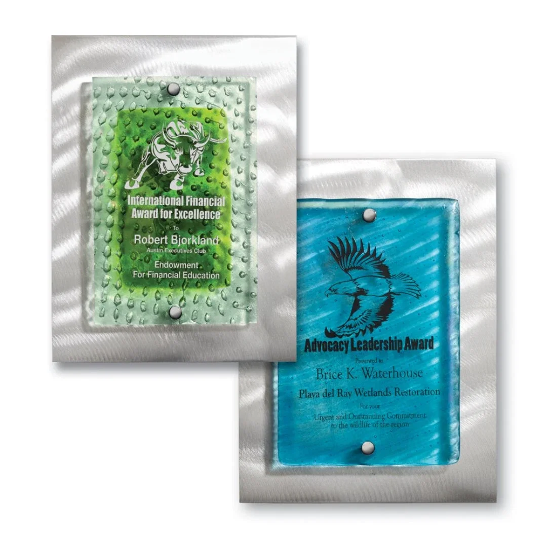 Custom Peridot Bubble Or Topaz Striated Art Glass Pennant Plaque On Aluminum for employee recognition
