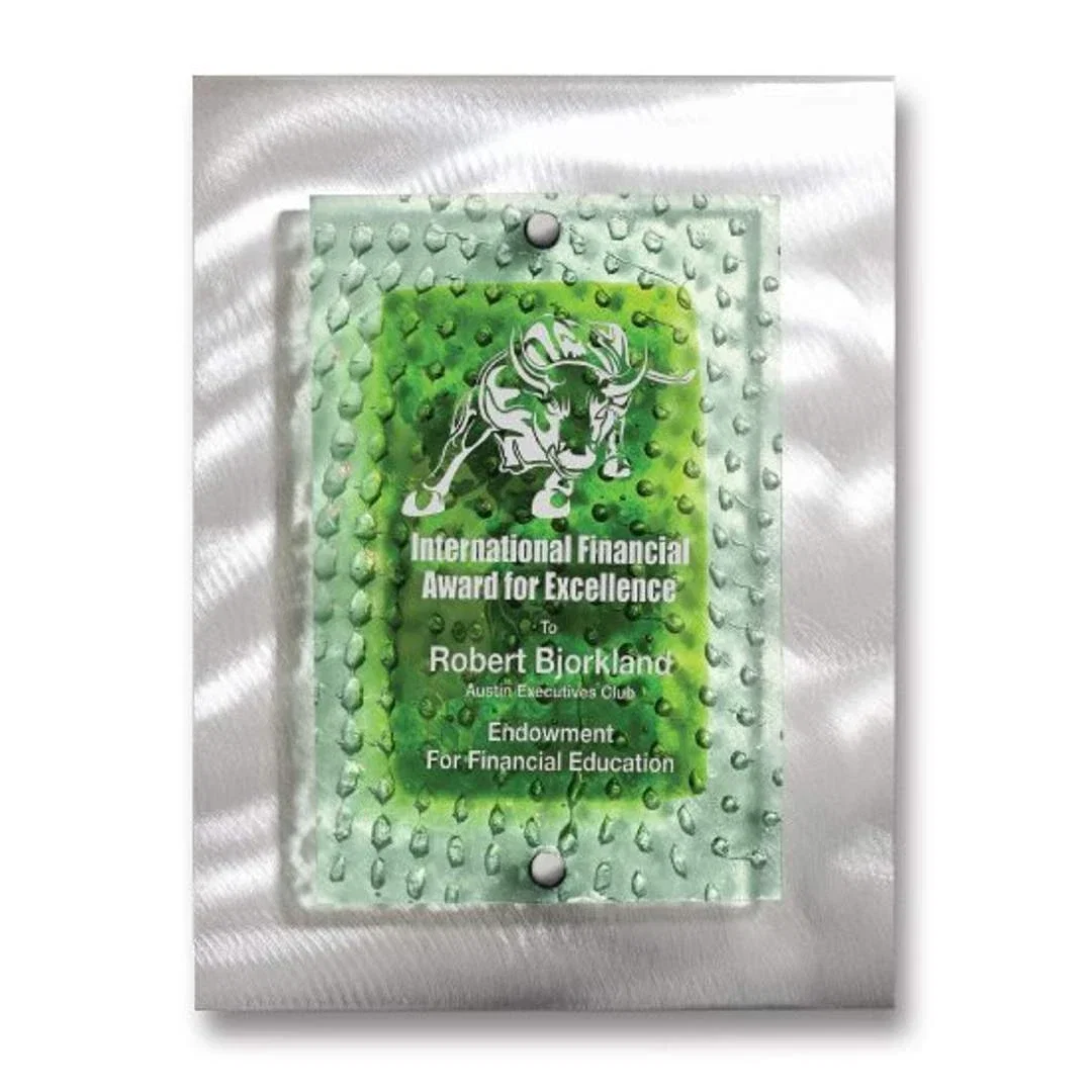 Custom Peridot Bubble Or Topaz Striated Art Glass Pennant Plaque On Aluminum for corporate award ceremonies