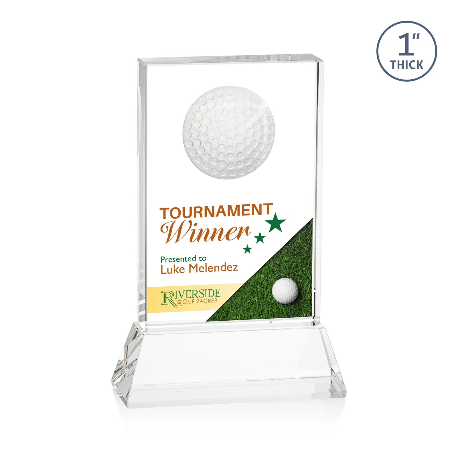 Personalized Optical Crystal Rectangle Golf Award with Ball Molded on Back for corporate award ceremonies