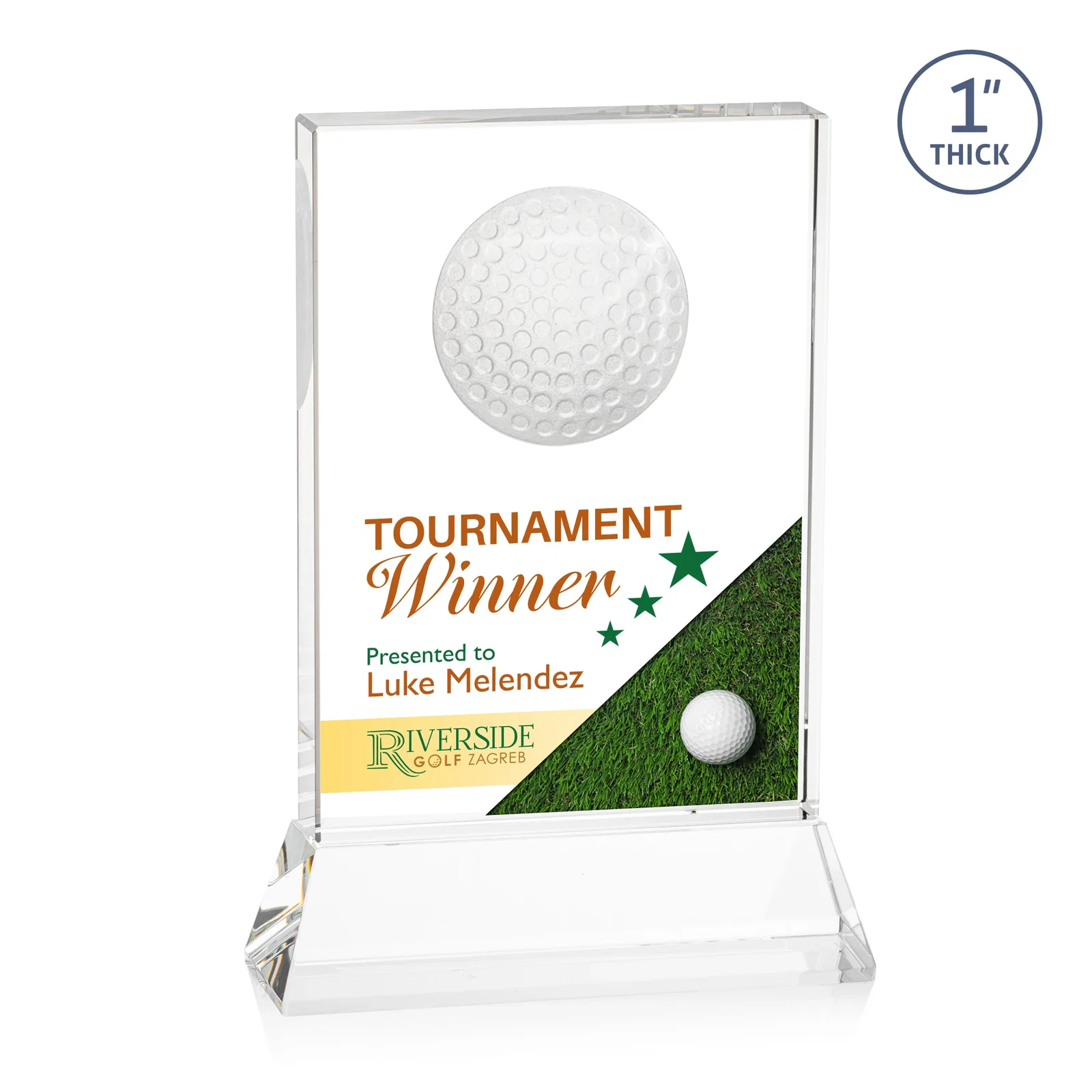Personalized Optical Crystal Rectangle Golf Award with Ball Molded on Back for service anniversary gifts