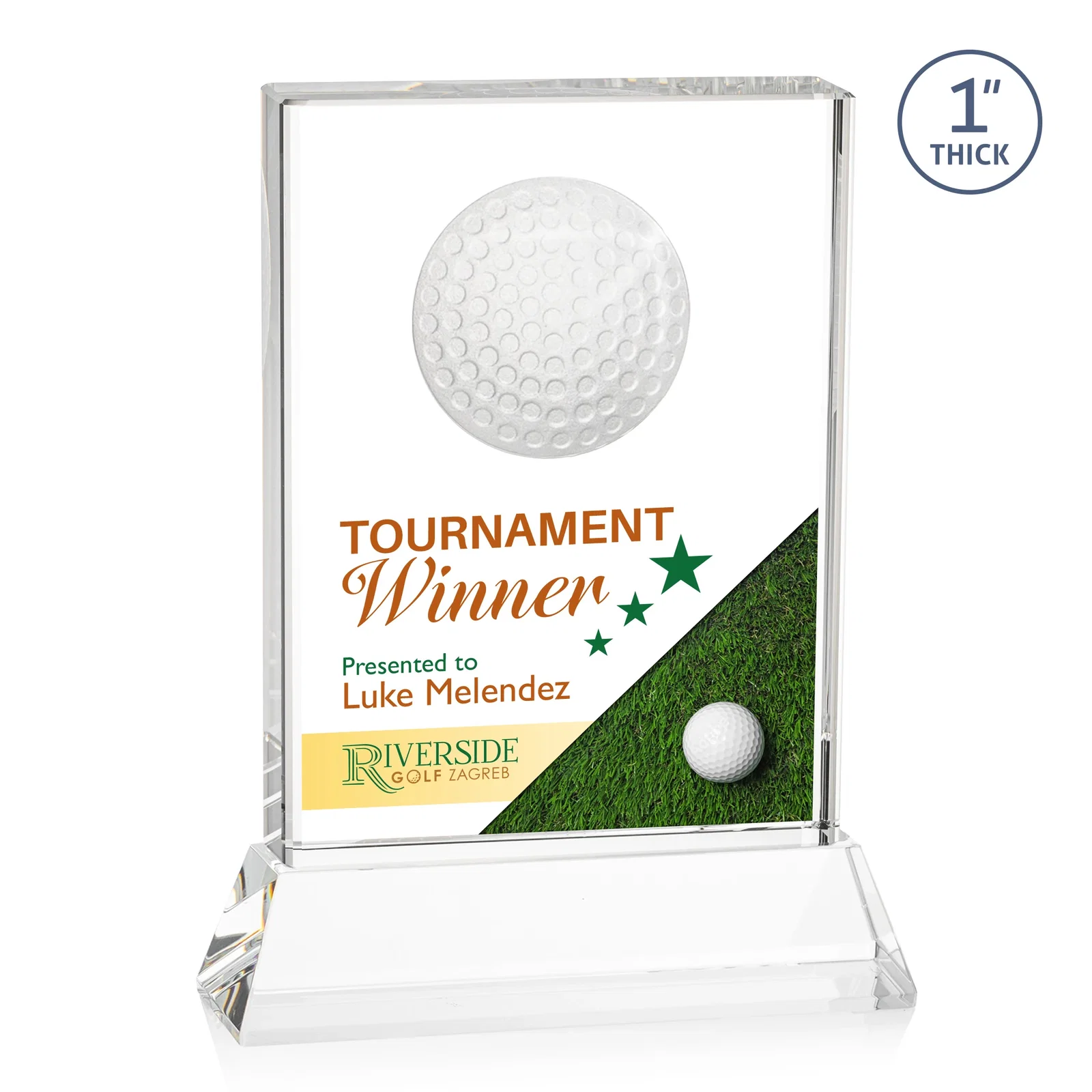 Personalized Optical Crystal Rectangle Golf Award with Ball Molded on Back for sales achievement awards