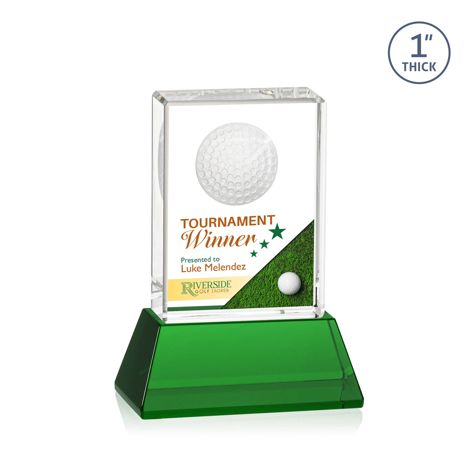 Personalized Optical Crystal Rectangle Golf Award with Ball Molded on Back for team milestone celebrations