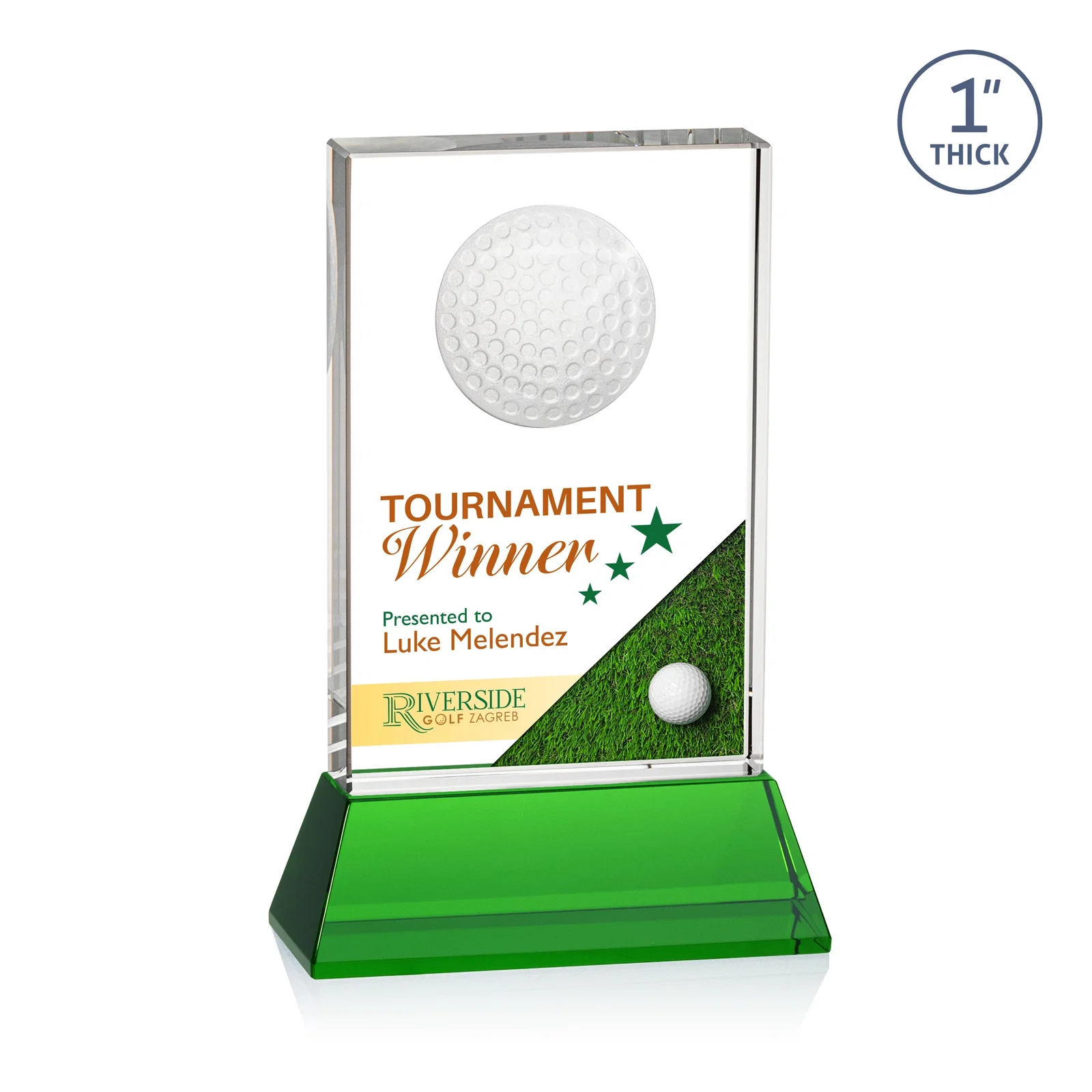 Personalized Optical Crystal Rectangle Golf Award with Ball Molded on Back for donor appreciation