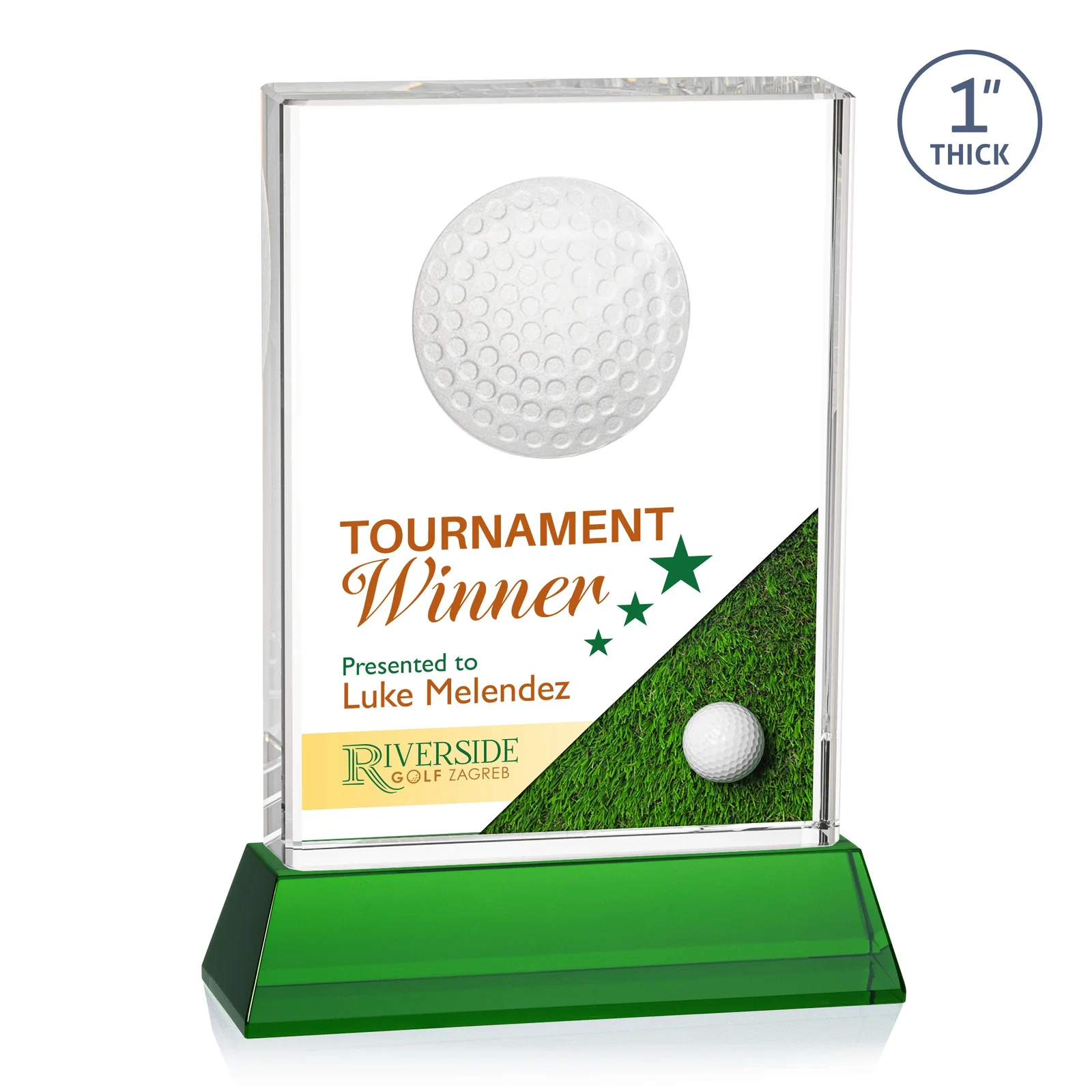 Personalized Optical Crystal Rectangle Golf Award with Ball Molded on Back for safety achievement programs