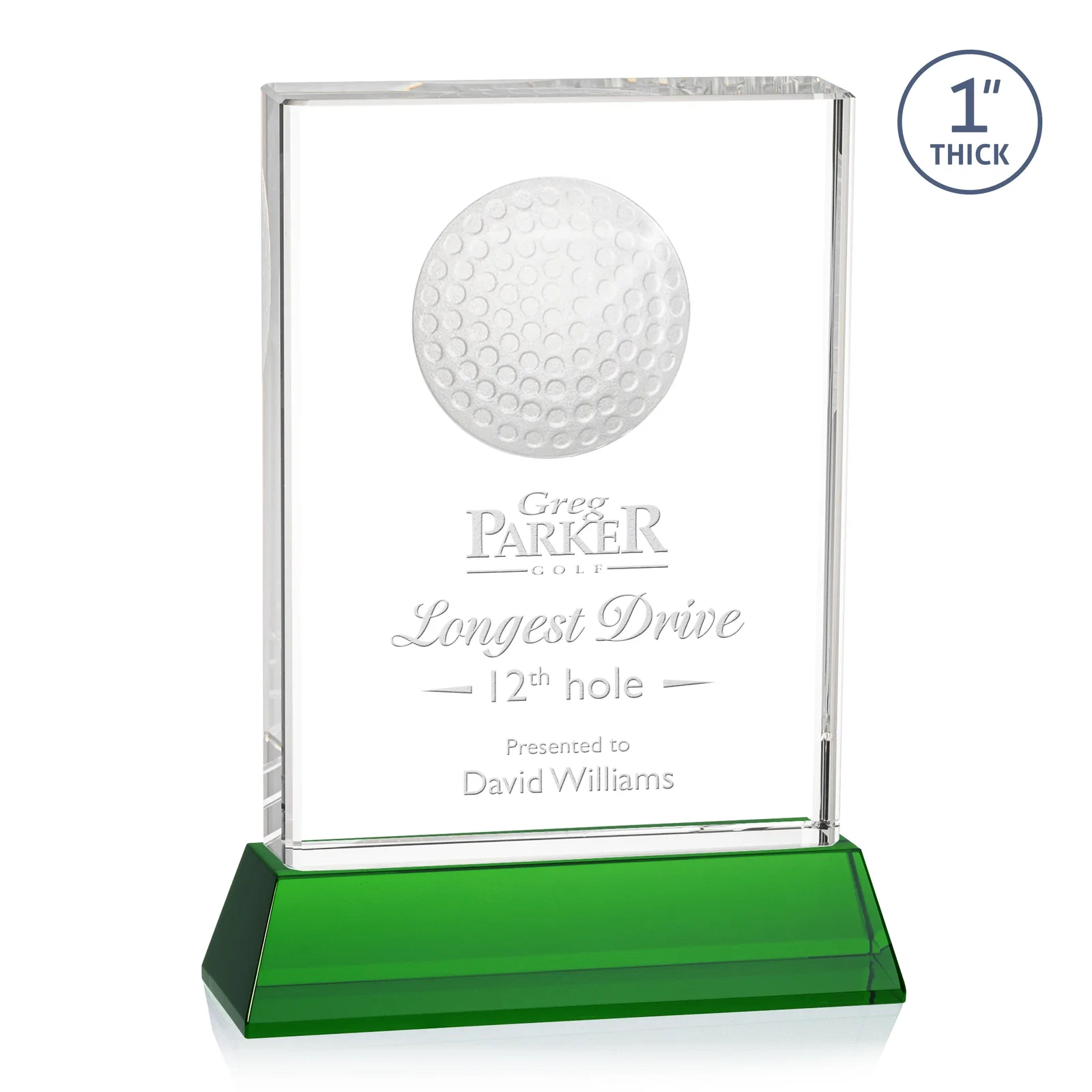 Custom Optical Crystal Rectangle Golf Award with Ball Molded on Back for retirement presentations