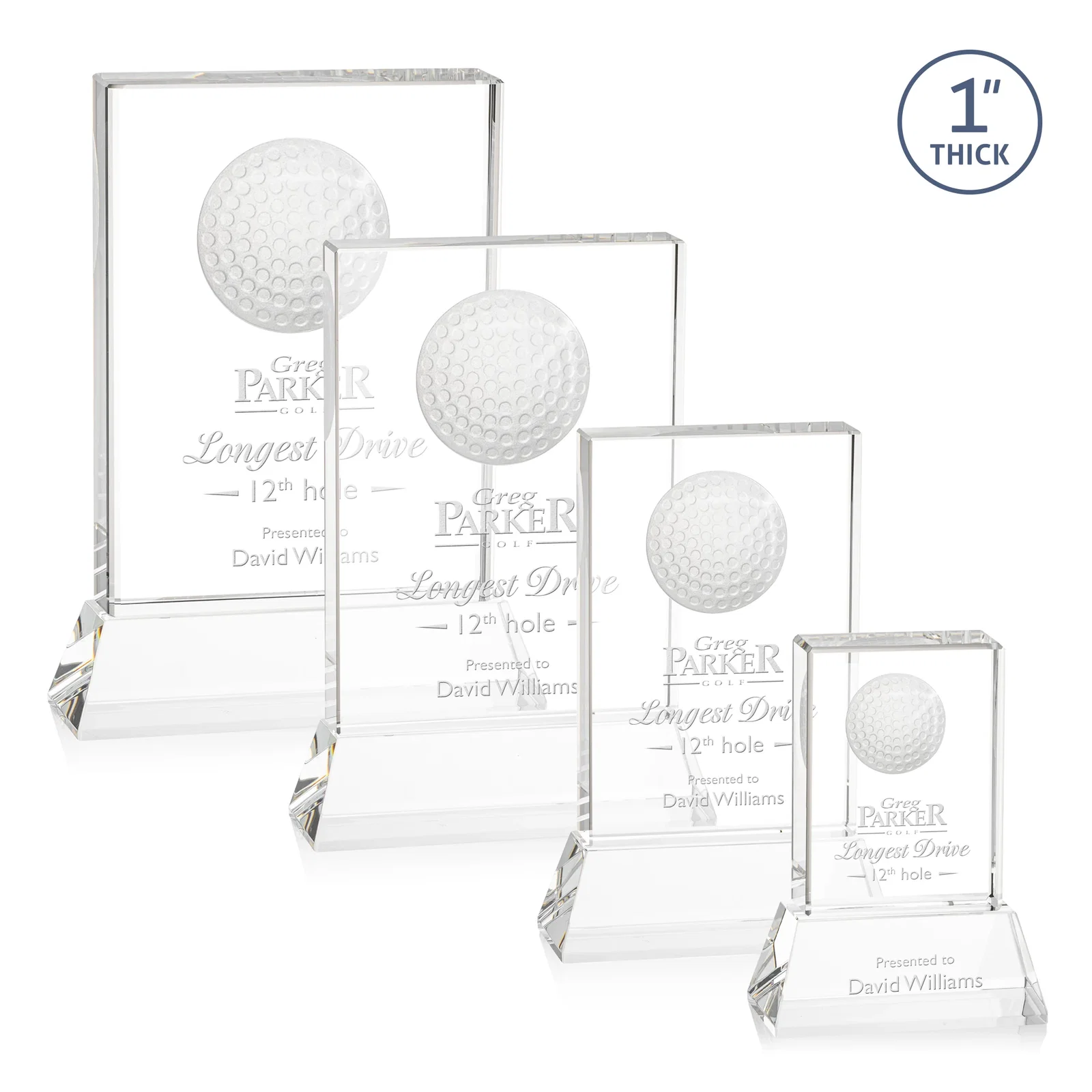 Custom Optical Crystal Rectangle Golf Award with Ball Molded on Back for donor appreciation