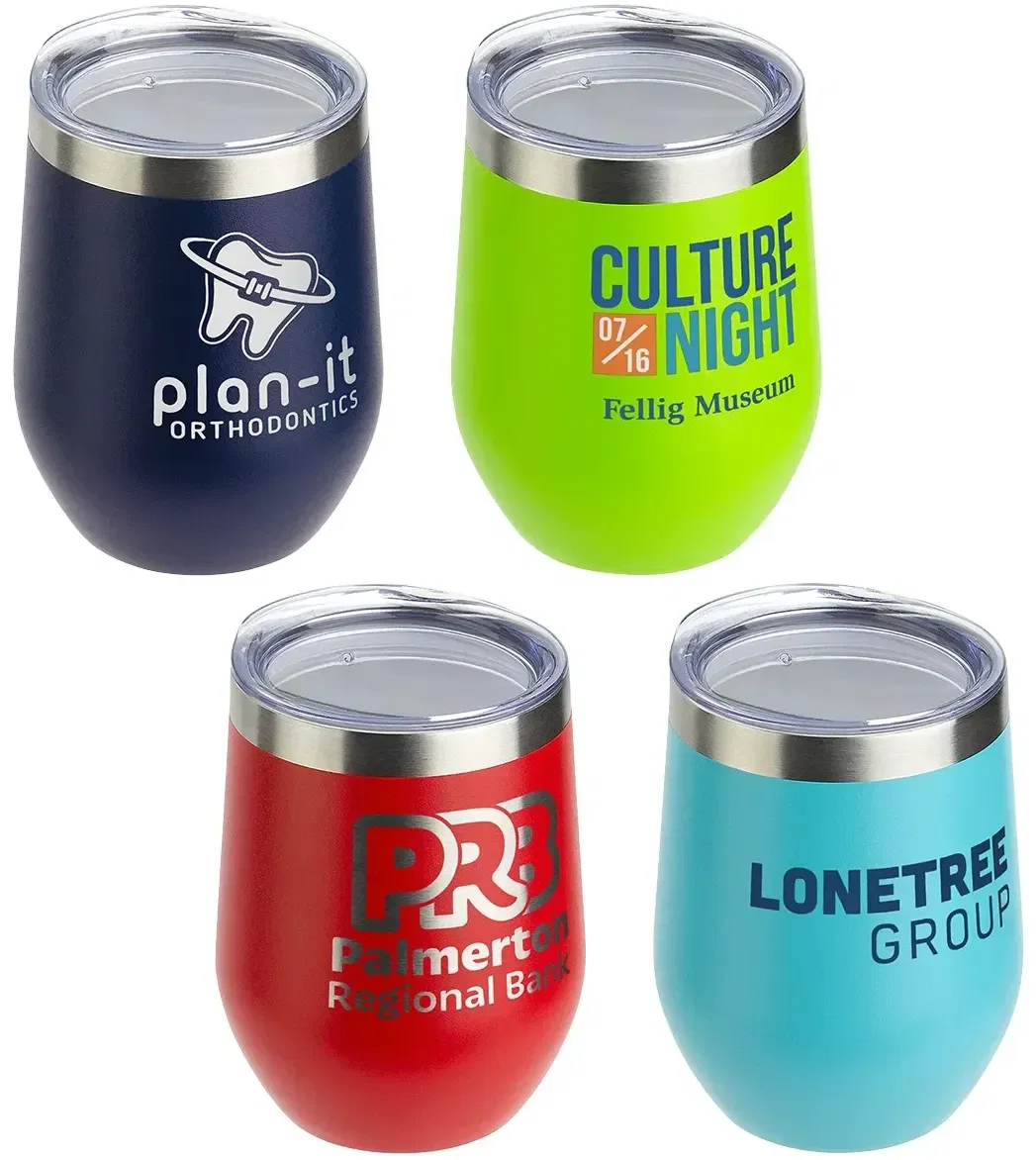 Pero 12 oz powder-coated insulated goblet, custom branded promotional stemless wine tumbler, front view
