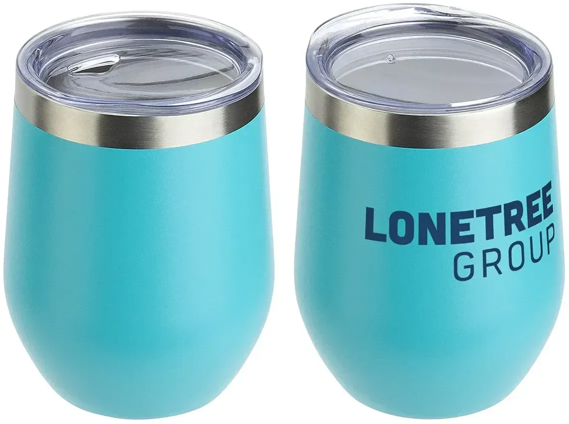 Pero 12 oz stemless goblet, custom logo imprint area detail