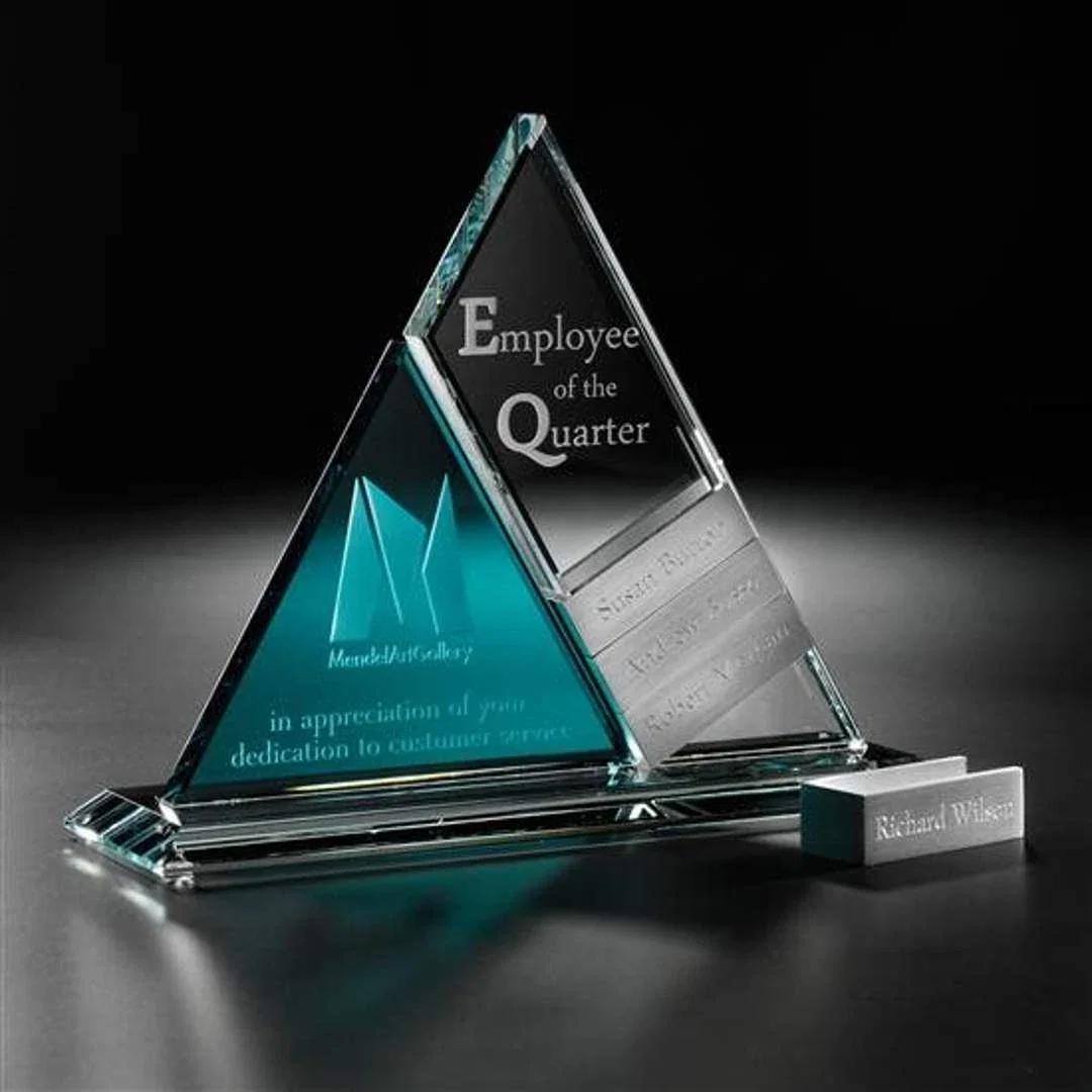 Custom Crystal Pyramid Tower Award with Four Etched Aluminum Add-Ons for employee recognition