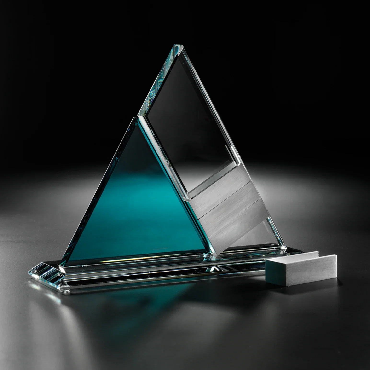 Custom Crystal Pyramid Tower Award with Four Etched Aluminum Add-Ons for corporate award ceremonies
