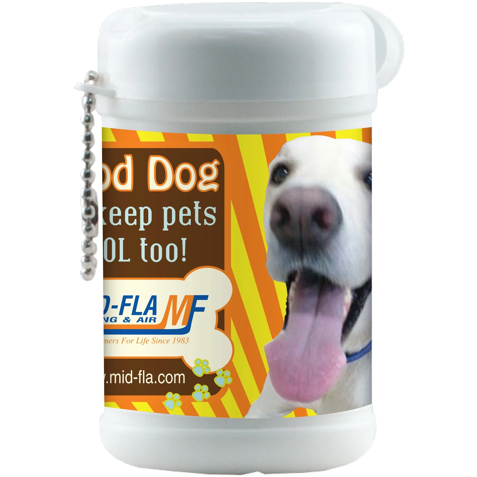 White canister of pet paw wipes standing three inches tall