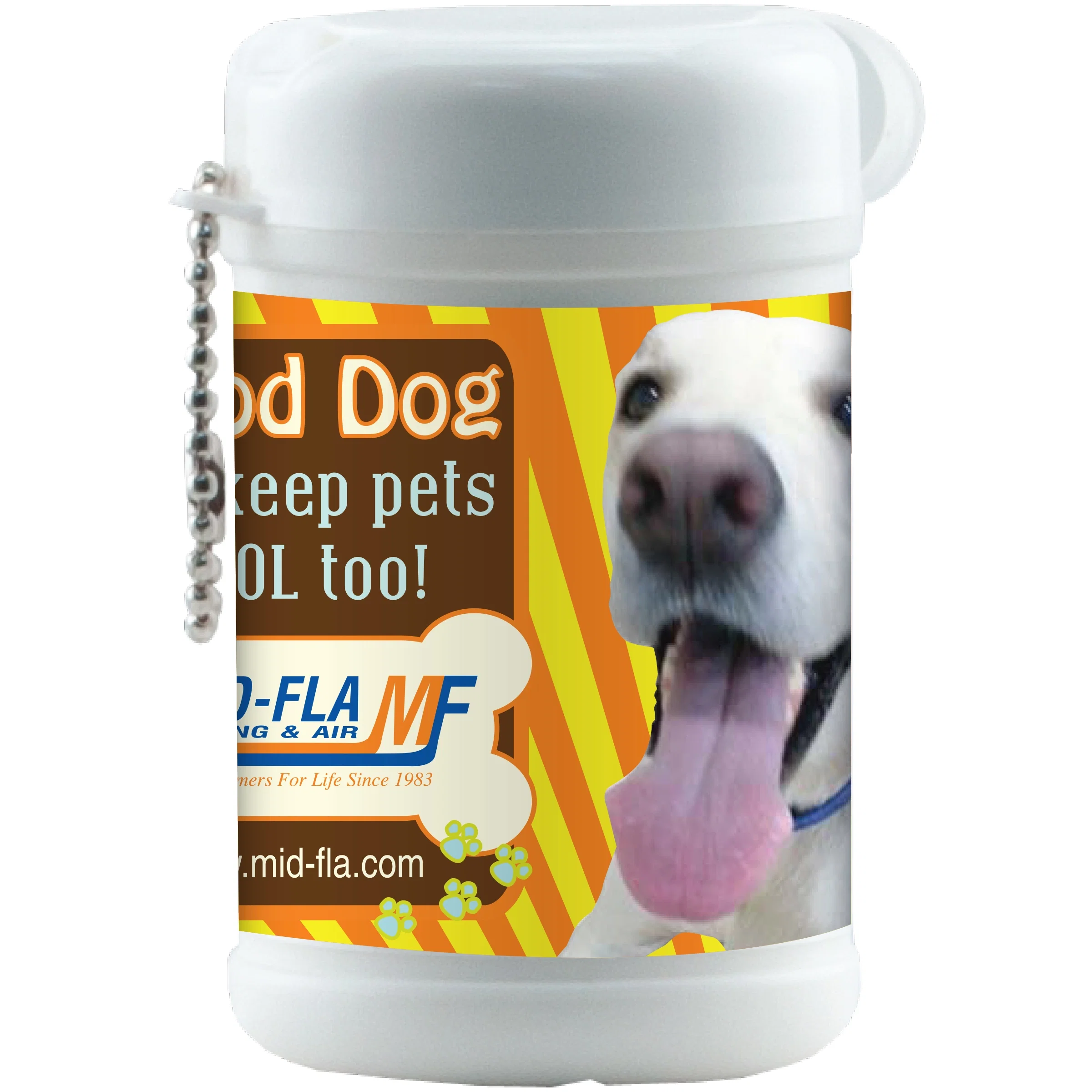 White canister of pet paw wipes standing three inches tall