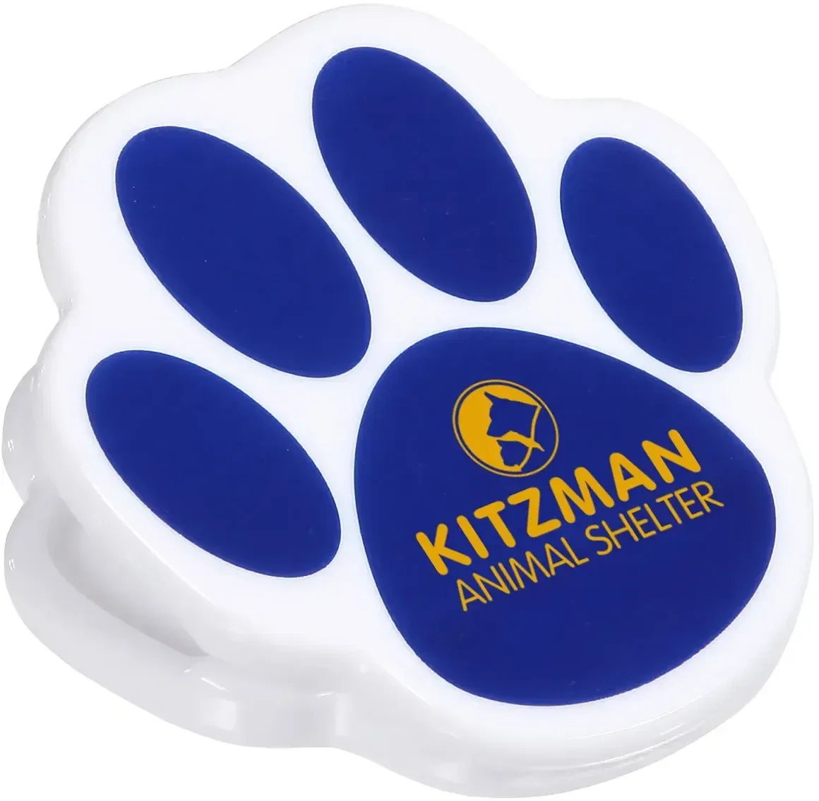 Custom branded pet paw magnetic clip, front view of the promotional paw-shaped power clip with logo space