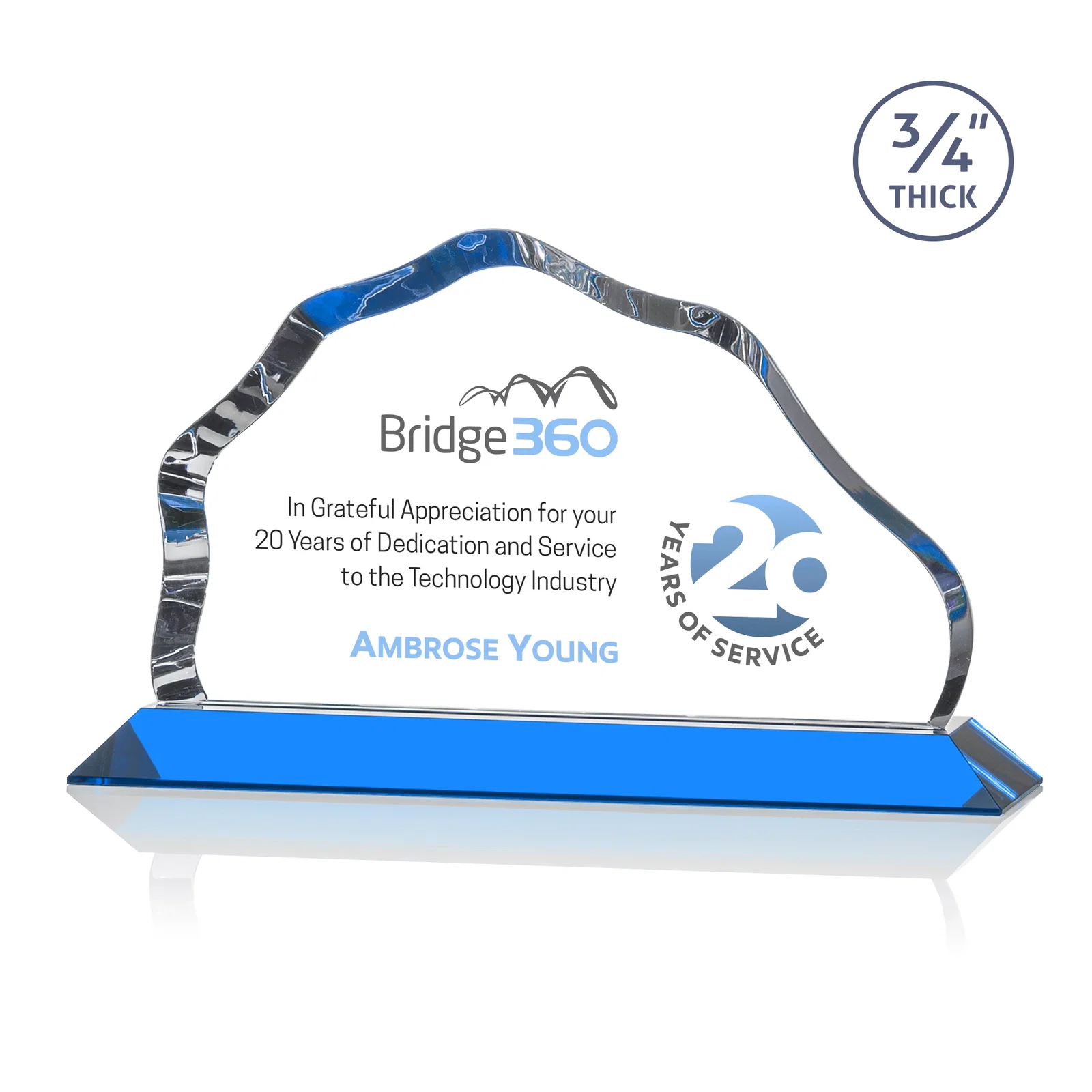 Custom printed Iceberg Silhouette Crystal Award on Mitered Base, awards for company anniversary events