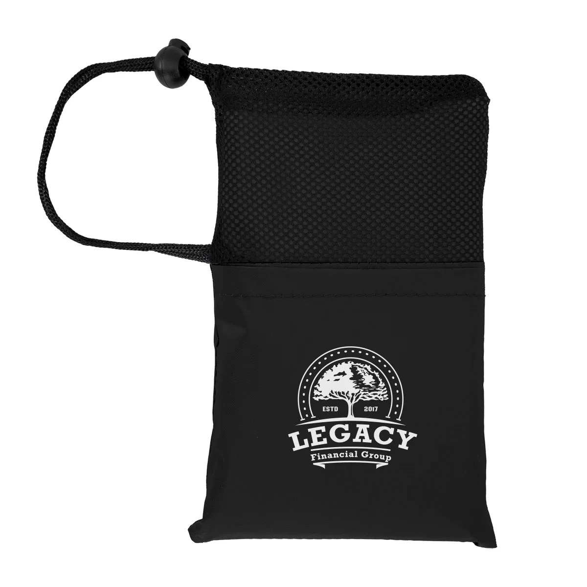 PEVA rain poncho with its matching drawstring pouch shown together
