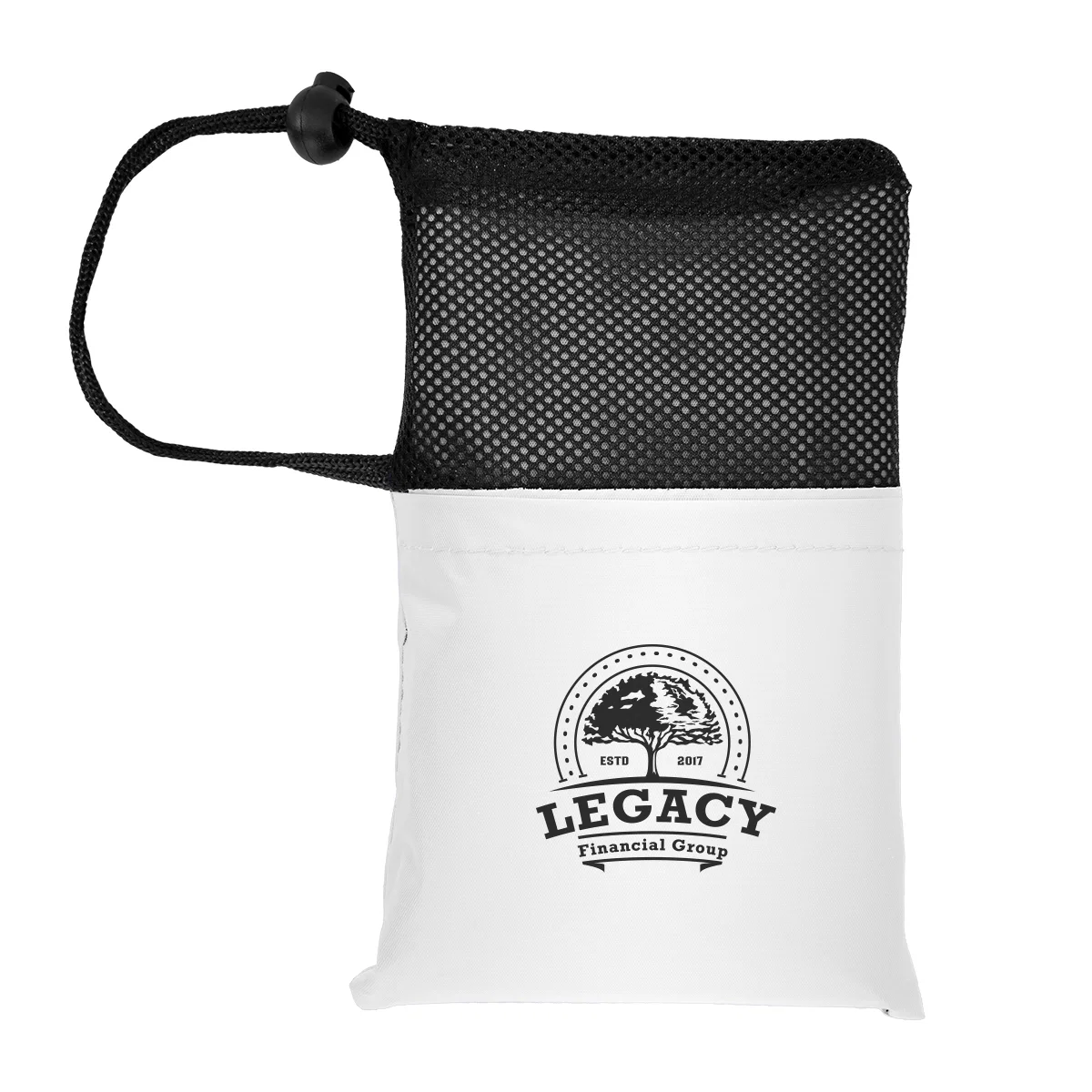 Drawstring pouch closed and tied at roughly eight inches tall