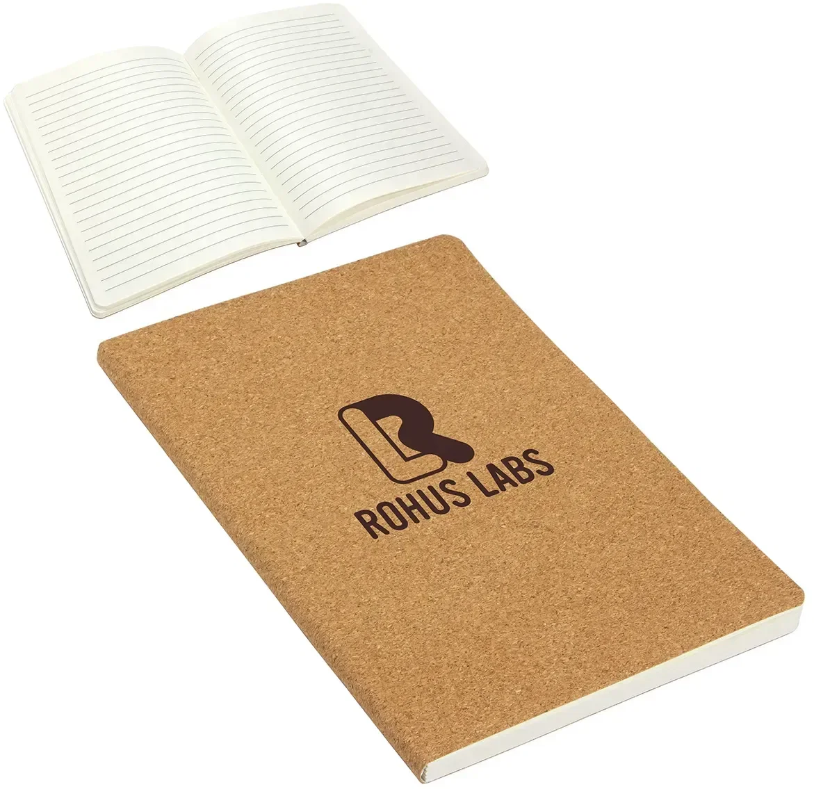 Custom branded Phellem cork journal, front cover of the promotional eco notebook wrapped in natural cork