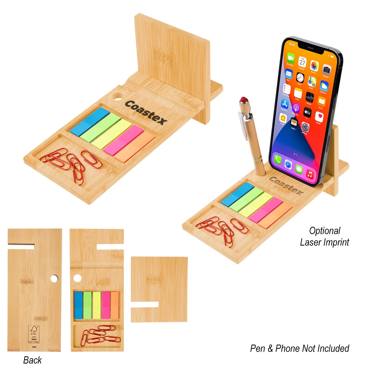 Phone holder measuring three inches wide with tear-off flag strips