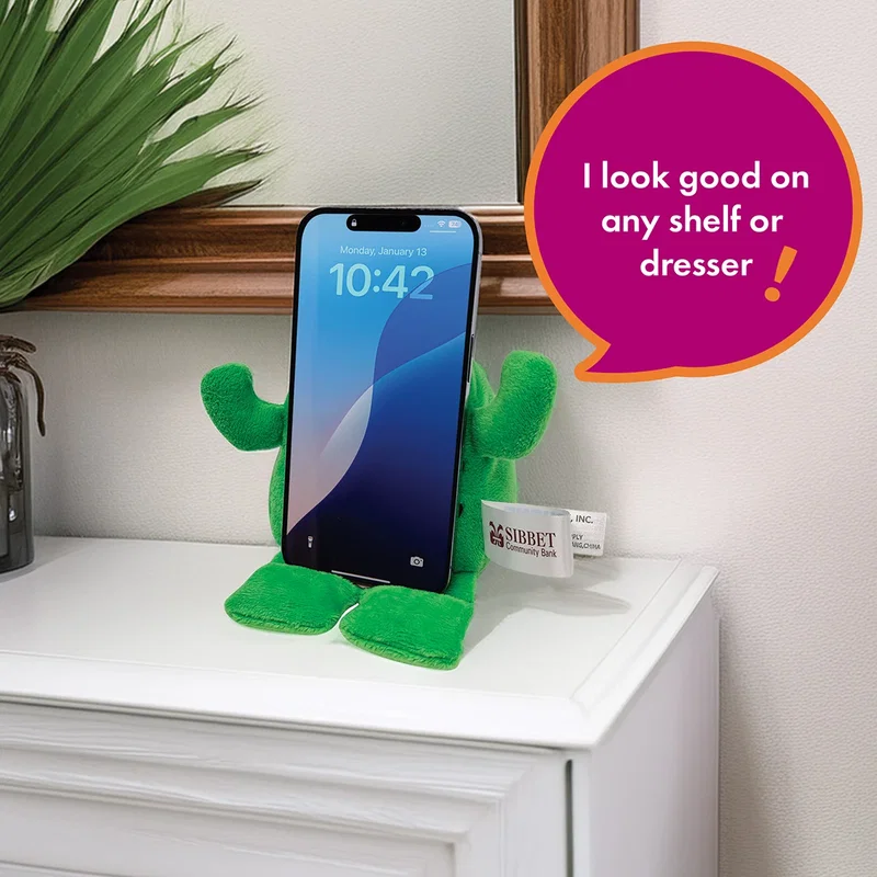 Phone Pals branded weighted plush phone stand angled view