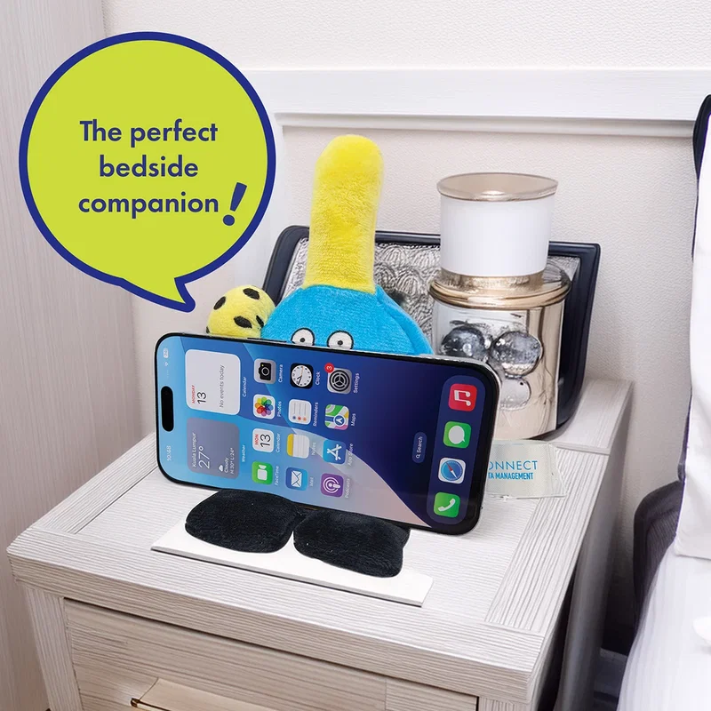 Phone Pals custom plush phone holder style shown with logo giveaway