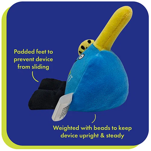 Phone Pals promotional plush phone stand character detail, close-up