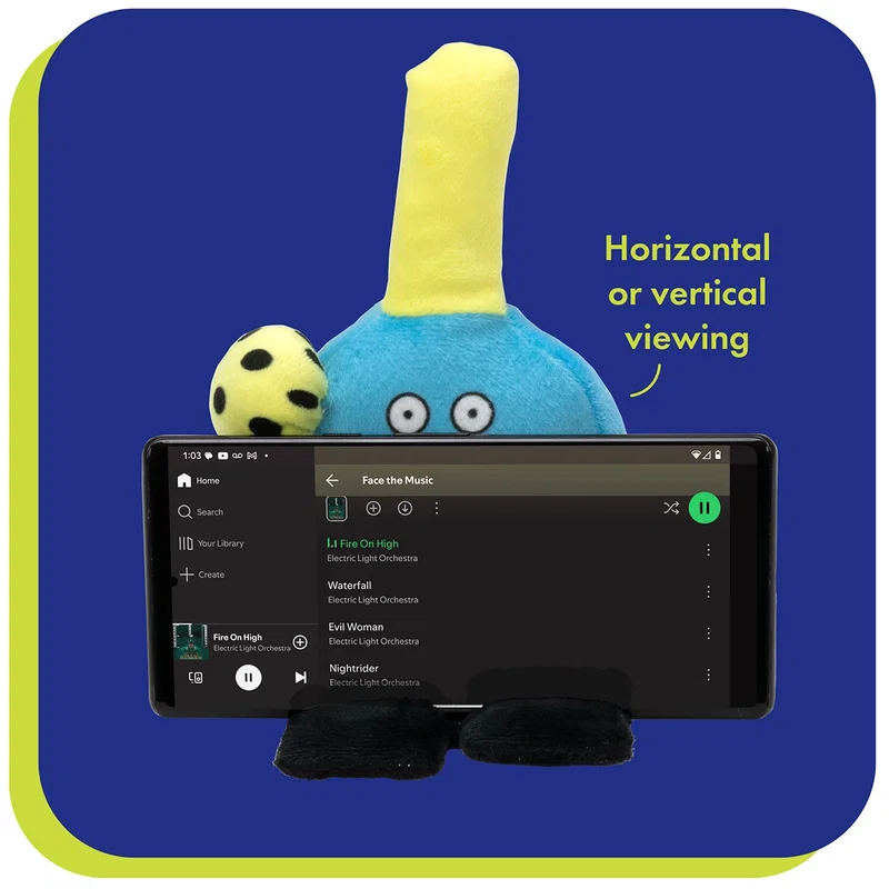 Phone Pals promotional plush phone stand character with logo tag