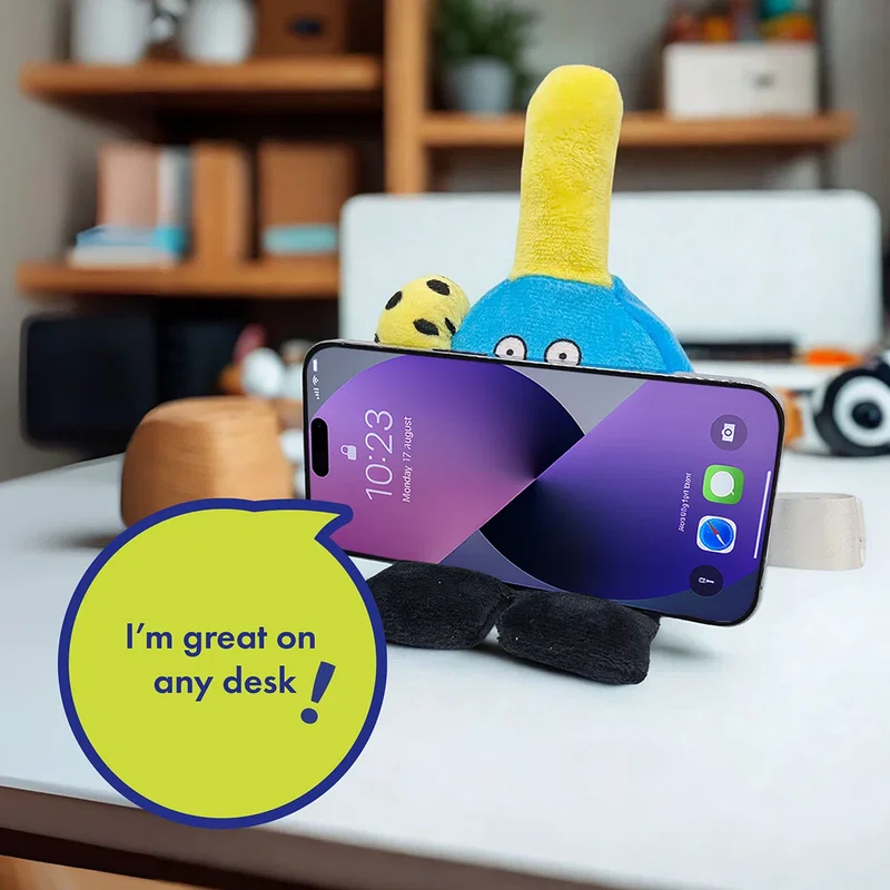 Phone Pals promotional plush phone stand propping a phone hands-free