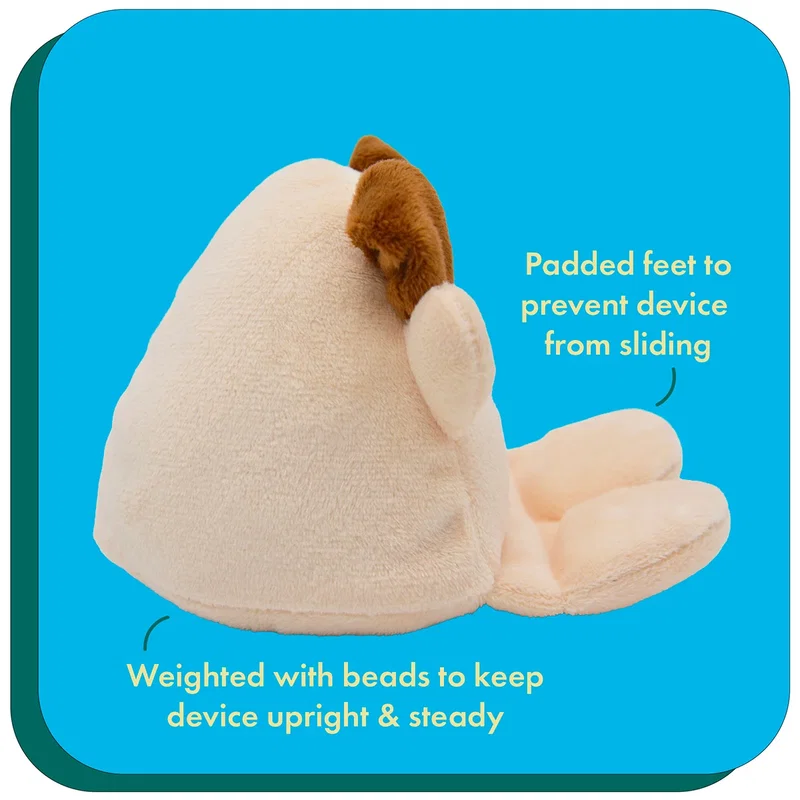Phone Pals Weighted Plush Phone Holder holding a smartphone upright, shown in use, style 1 of 3